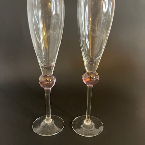 Pair of Elegant Champagne Flutes – 9.5" Tall, Long Stem with Pink Ball Decor - Picture 4 of 8